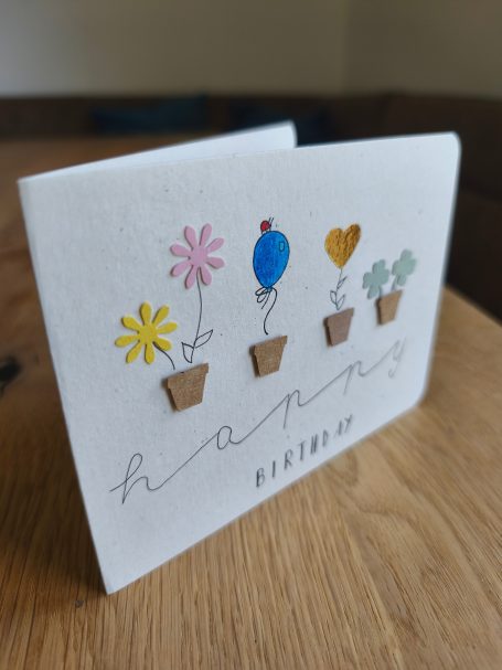 Grußkarte mit Blüten, Ballons und Töpfen, beschriftet mit "happy birthday".
